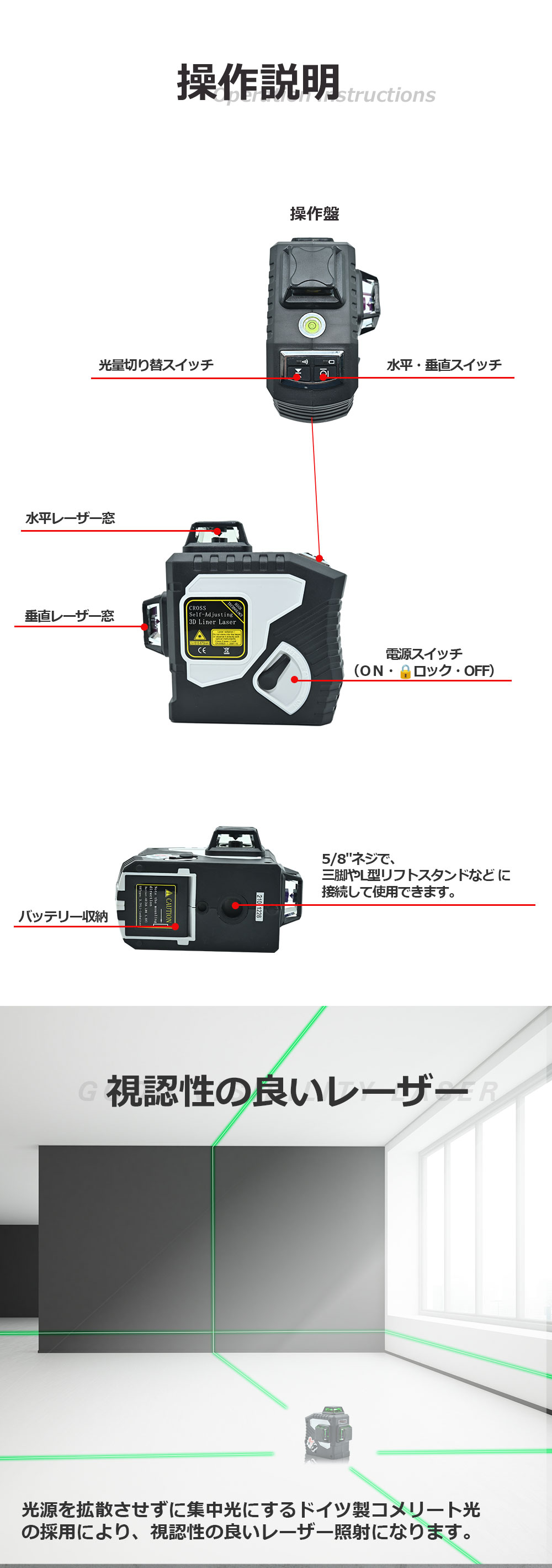 レーザー墨出し器 グリーン /12ライン/レーザーレベル/360°回転