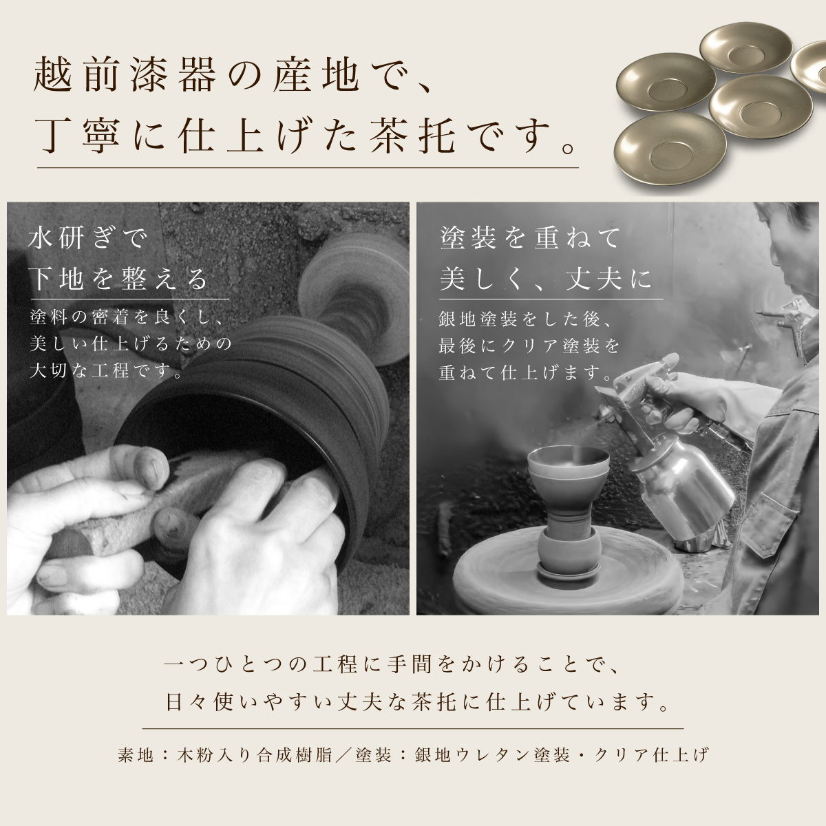 茶托 セット 5枚組 4.5寸 光悦茶托 銀地 シルバー 越前漆器 日本製