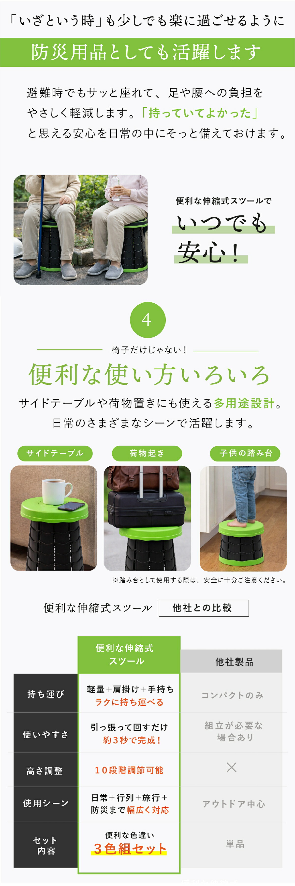 ファミリー・ライフ 便利な伸縮式スツール 3色セット 軽量 コンパクト