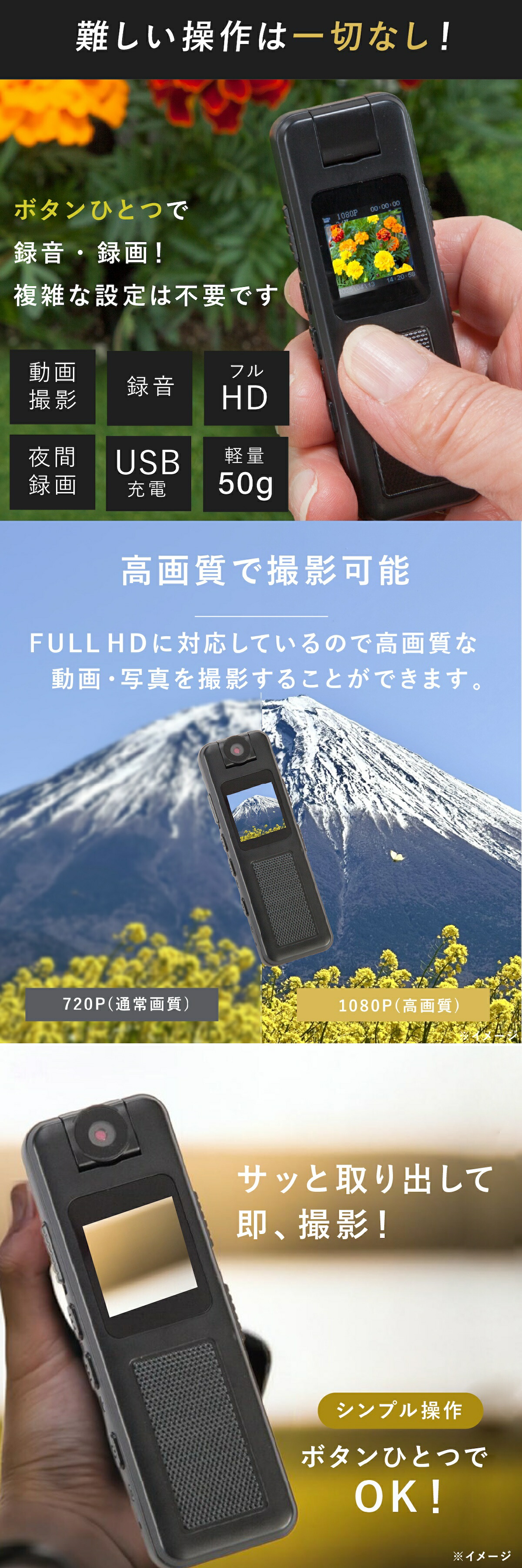 多機能小型マルチレコーダーセット 充電式 ドラレコ 監視カメラ 車