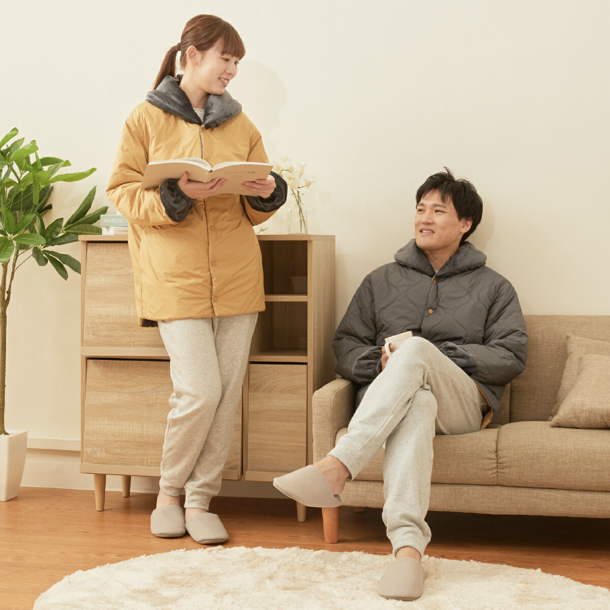 チャコールグレー×キャメル 速暖半纏 すぐぽか