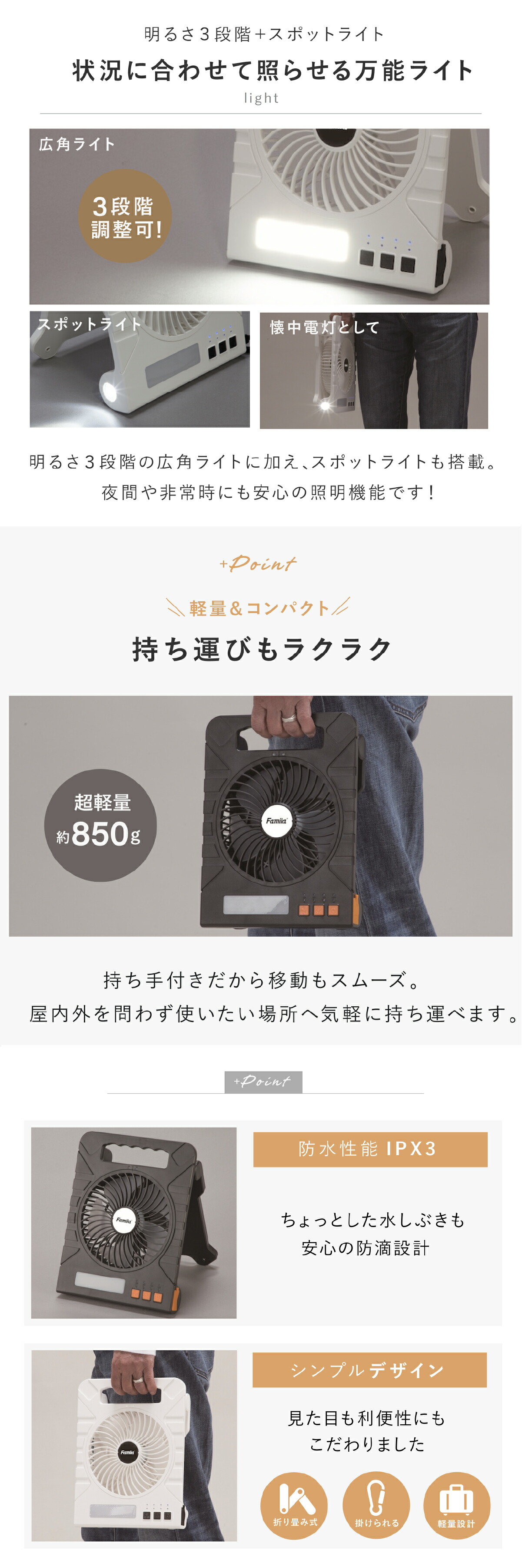 ファミラ 充電式ソーラーパワフルファン lp06