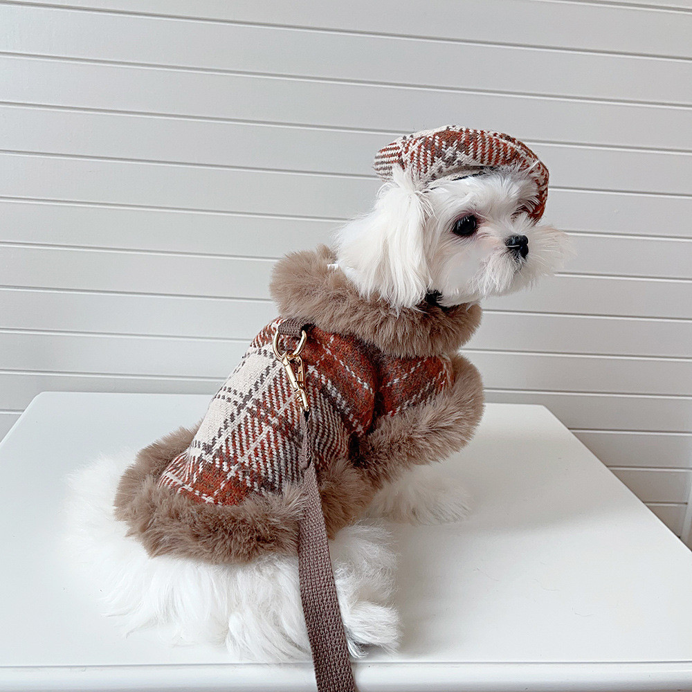 犬服 チェック柄ファーマント ベレー帽 リード 3点セット ケープ
