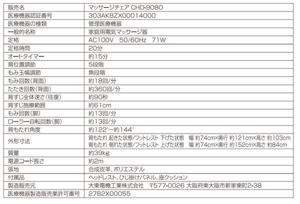 スライヴマッサージチェア CHD-9080 ［肩 腰 脚 マッサージソファ たたき もみ］／同梱不可・代引き不可  :b1617kthd:アテーネYahoo!店 - 通販 - Yahoo!ショッピング