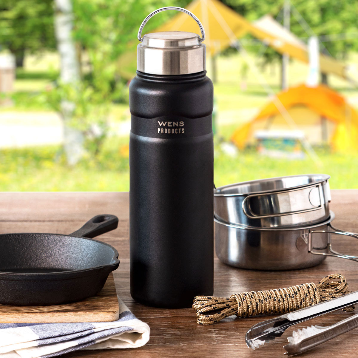 WENS 水筒 700ml 保温 保冷 ハンドル付き スクリューボトル アウトドア