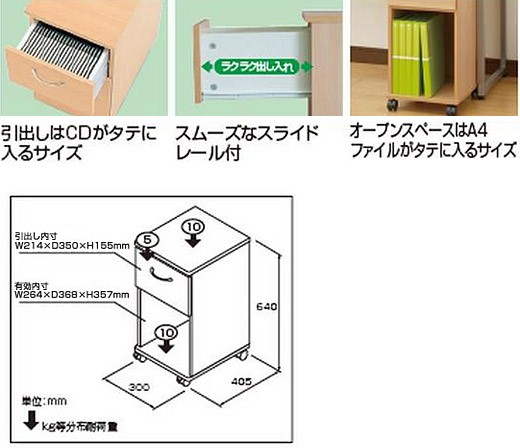 W30 ワゴン 引出しタイプ 木製 チェスト A4ファイル 資料収納 脇机