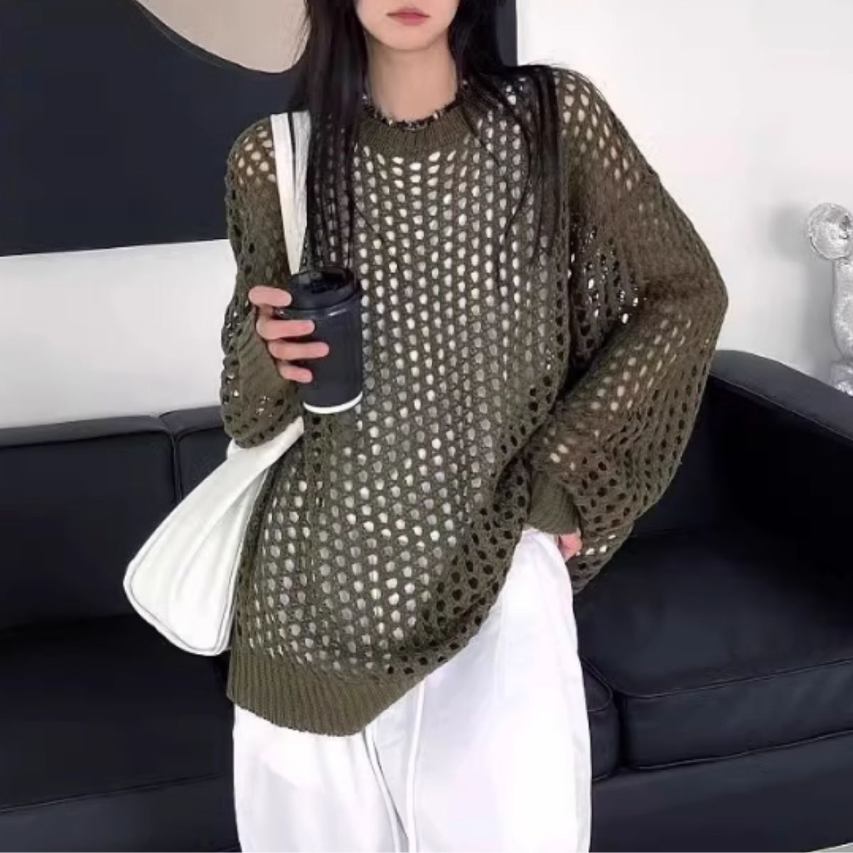 新品未使用　ダークグレー 長袖 メッシュ トップス メッシュトップス 長袖（サイズ（S/M/L）：フリーサイズ）の