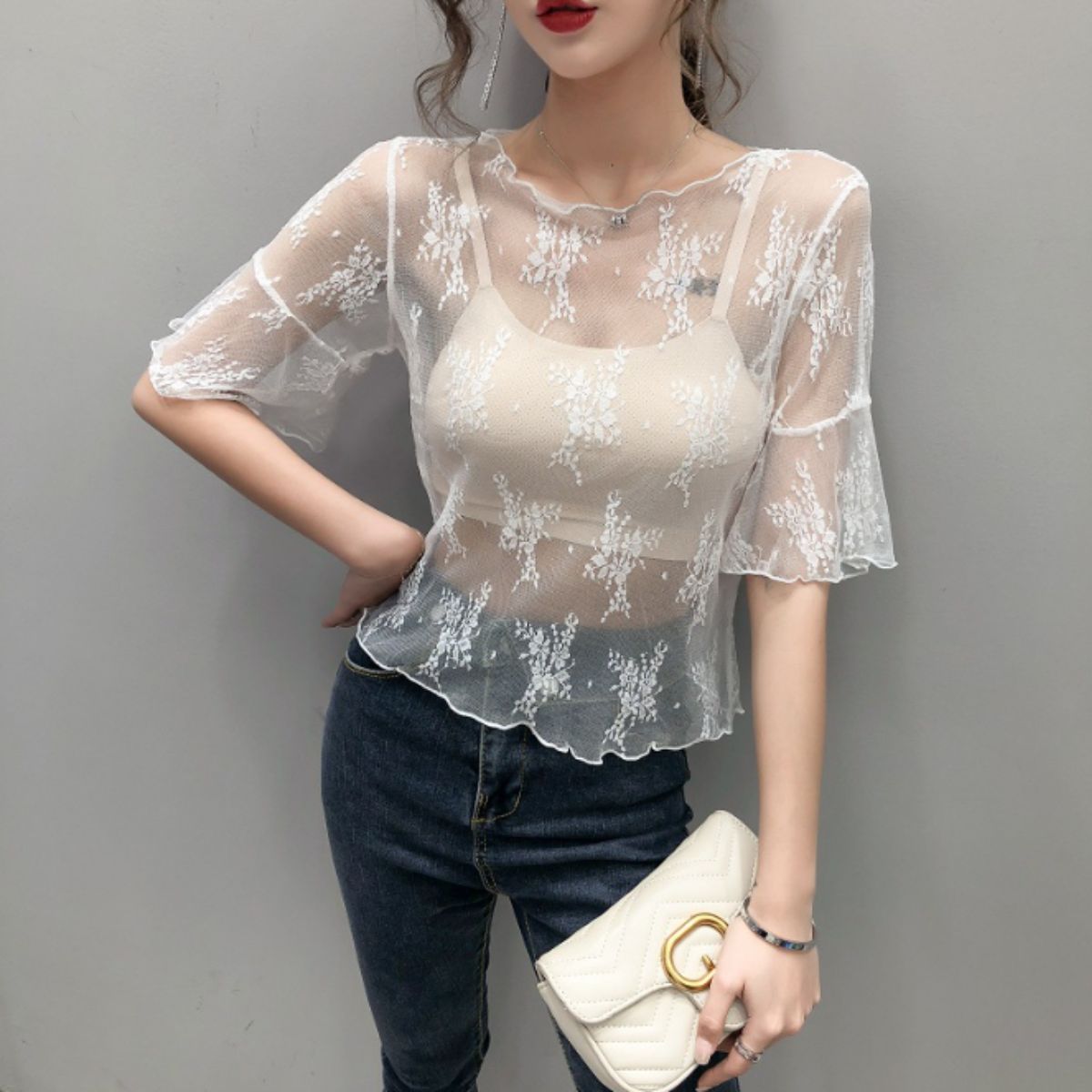 Belle Cie トップス シアー レース 半袖 透け感 総柄 花柄