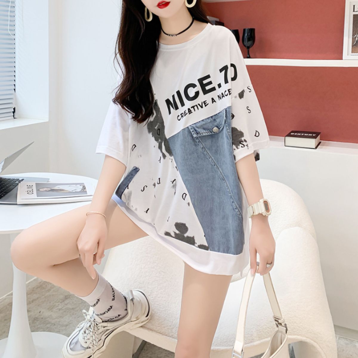 Tシャツ レディース 半袖 デザインT ロゴT デニム切替 オーバーサイズ 