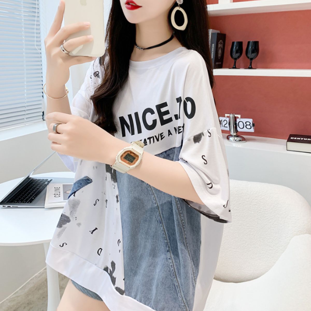 Tシャツ レディース 半袖 デザインT ロゴT デニム切替 オーバーサイズ 