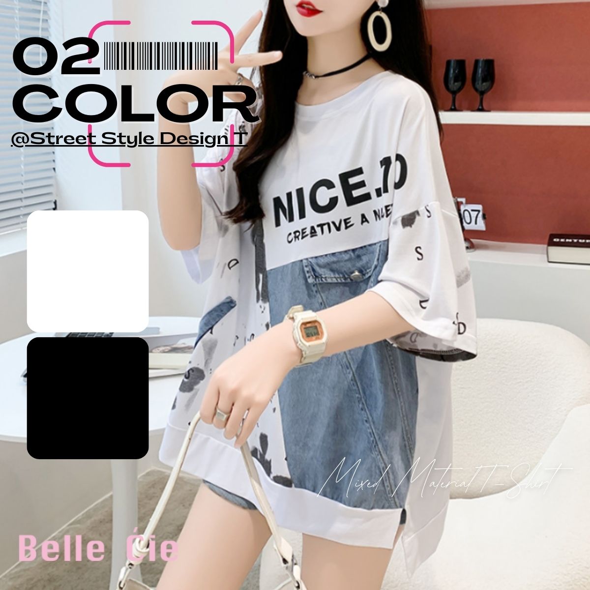 Belle Cie（ベルシー） Tシャツ トップス 半袖 ロゴ デニム ユニーク