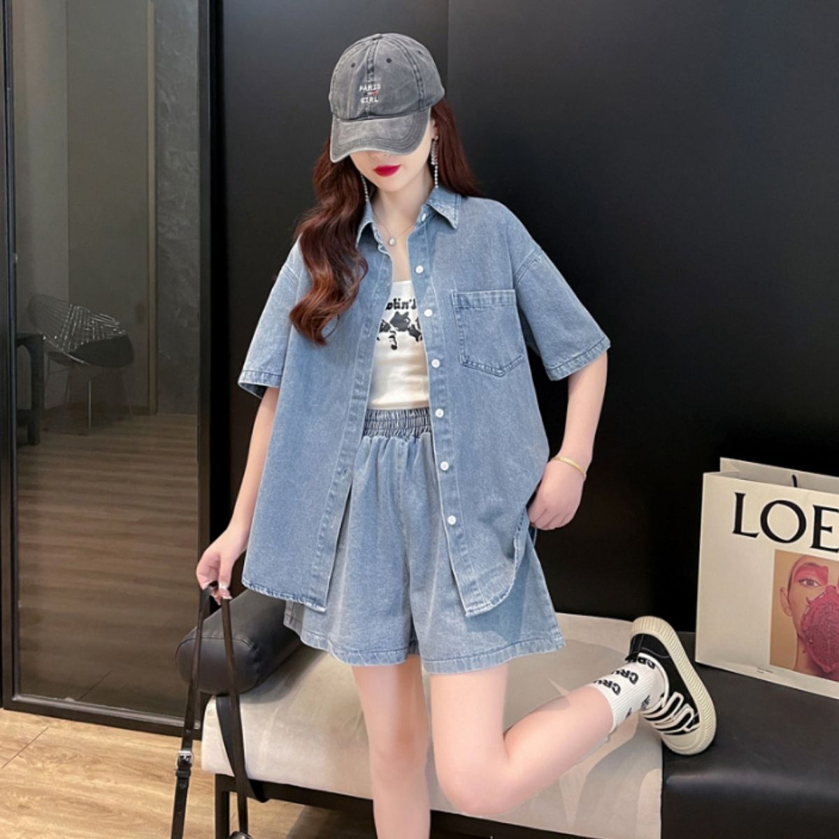 デニムセットアップ 半袖シャツ デニムパンツ 韓国ファッション Belle Cie デニム セットアップ 半袖 ショートパンツ ショーパン