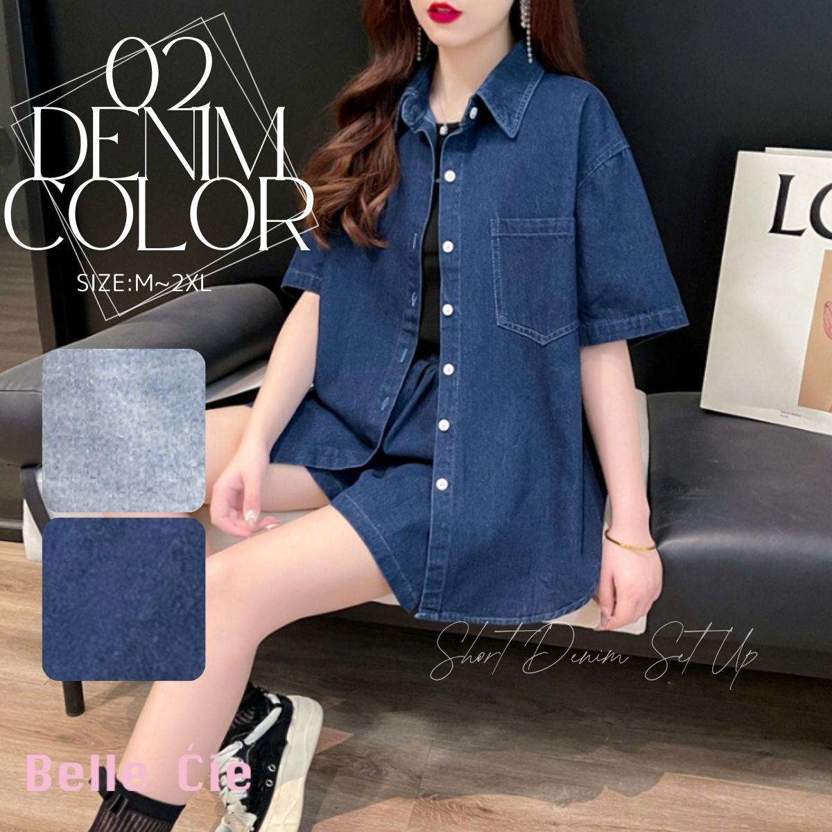 韓国 デニム セットアップ ルーズ 半袖 シャツ パンツ Girly Doll セットアップ デニム半袖シャツとタックワイドデニム