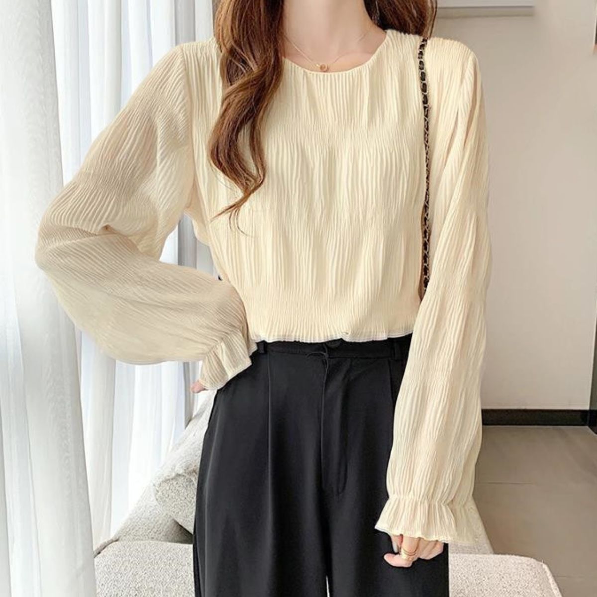 Belle Cie（ベルシー） シフォンブラウス 長袖 シアートップス 立体感 