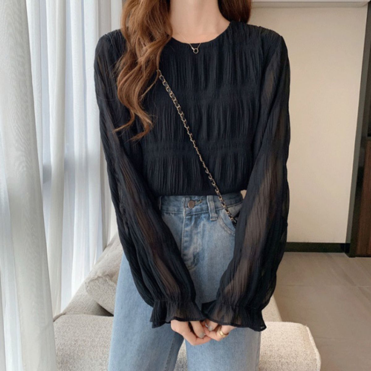 Belle Cie（ベルシー） シフォンブラウス 長袖 シアートップス 立体感 