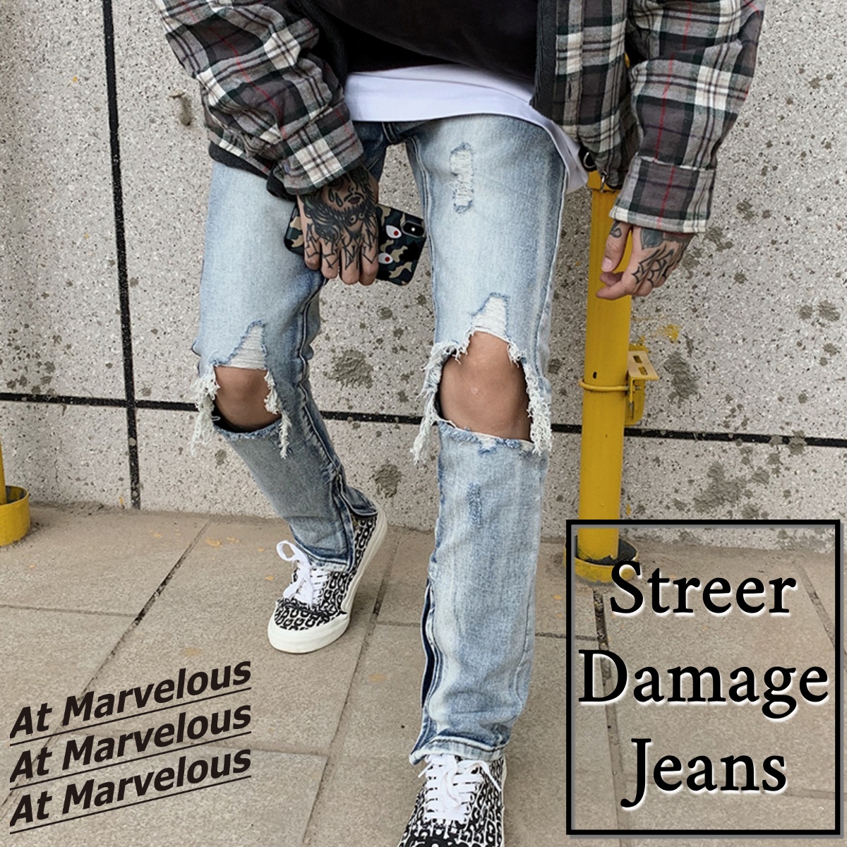 クラッシュ ストレートデニム M〜3XL 刺しゅう superハイウエストDAMAGEストレートデニムパンツ[品番