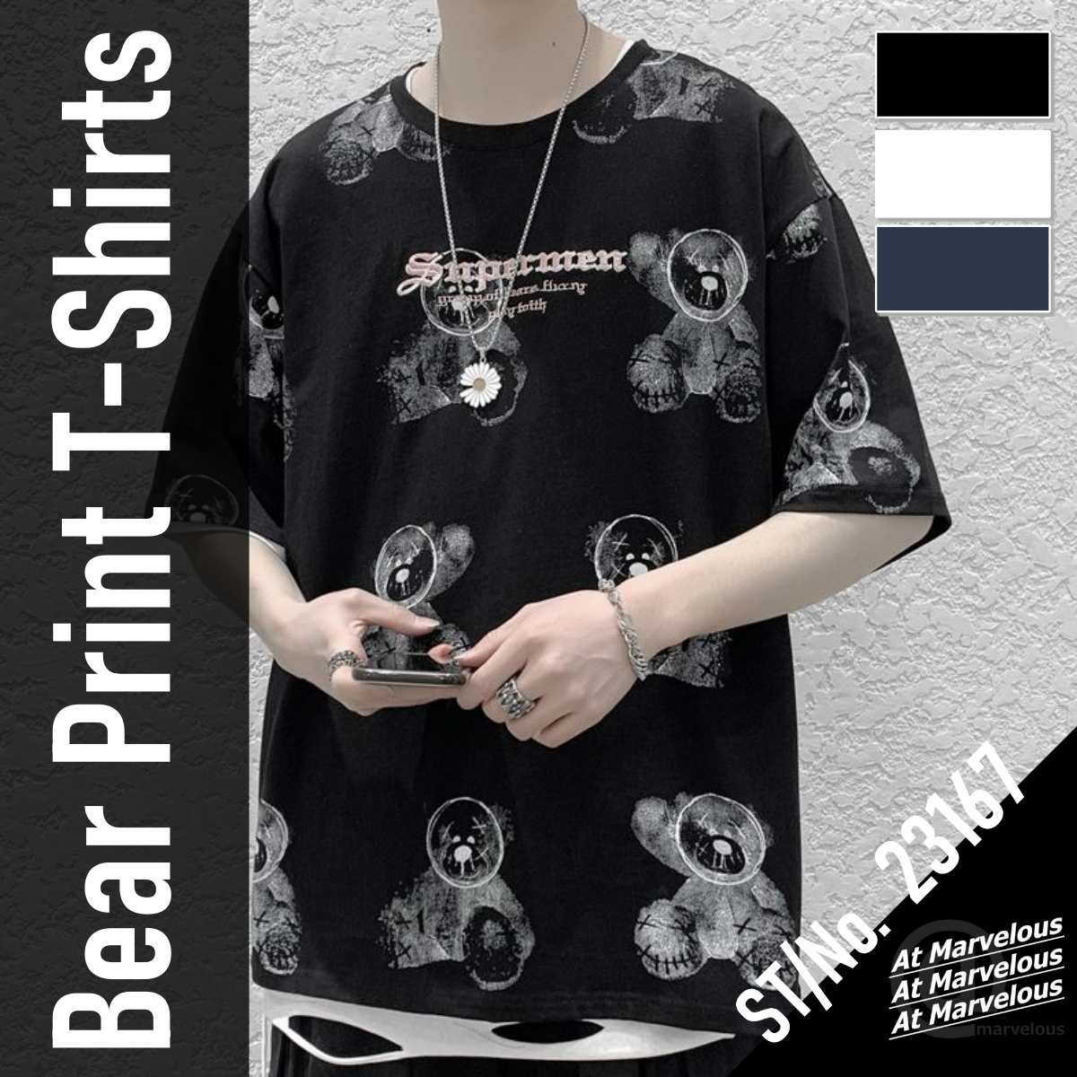 ポッキリ SALE シャドウくまプリントＴシャツ メンズ ストリートファッション 半袖Tシャツ トップス 夏 総柄 クマ ストリート系｜atmarvelous