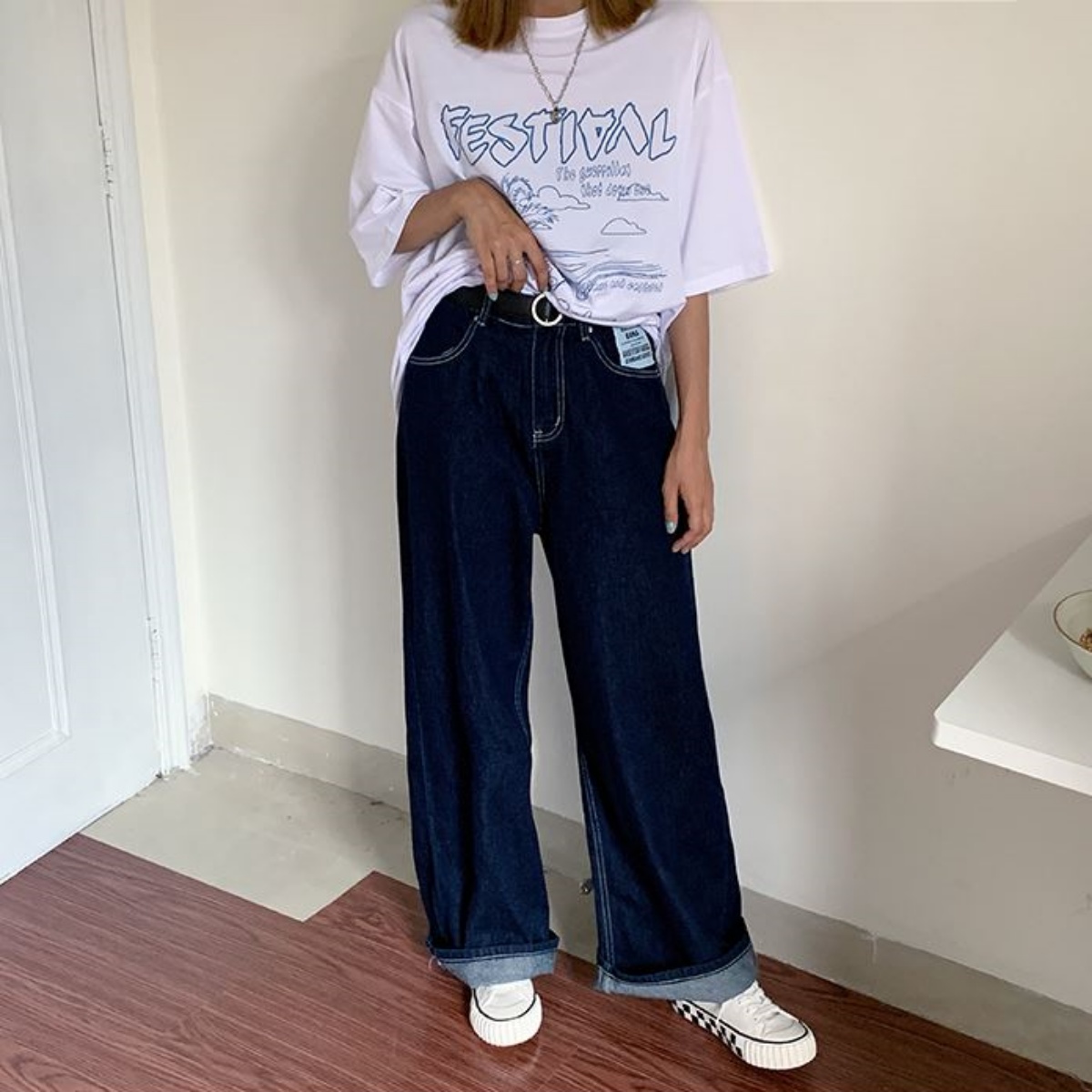 Belle Cie デニムバギーパンツ ワンウォッシュ ゆったり ワイド
