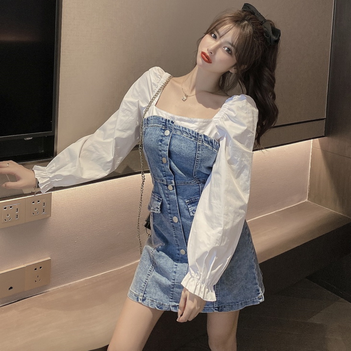Belle Cie フェイクレイヤードデニムワンピース レディース