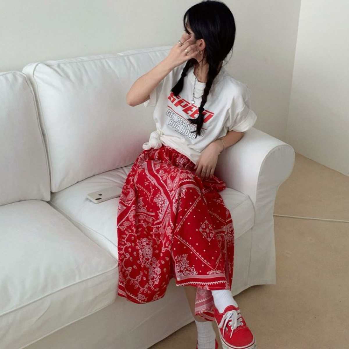 よ@ USA製 ペイズリー柄 レッド ロング丈 スカートS相当ss11 Belle Cie ペイズリーロングスカート レディースボトムス