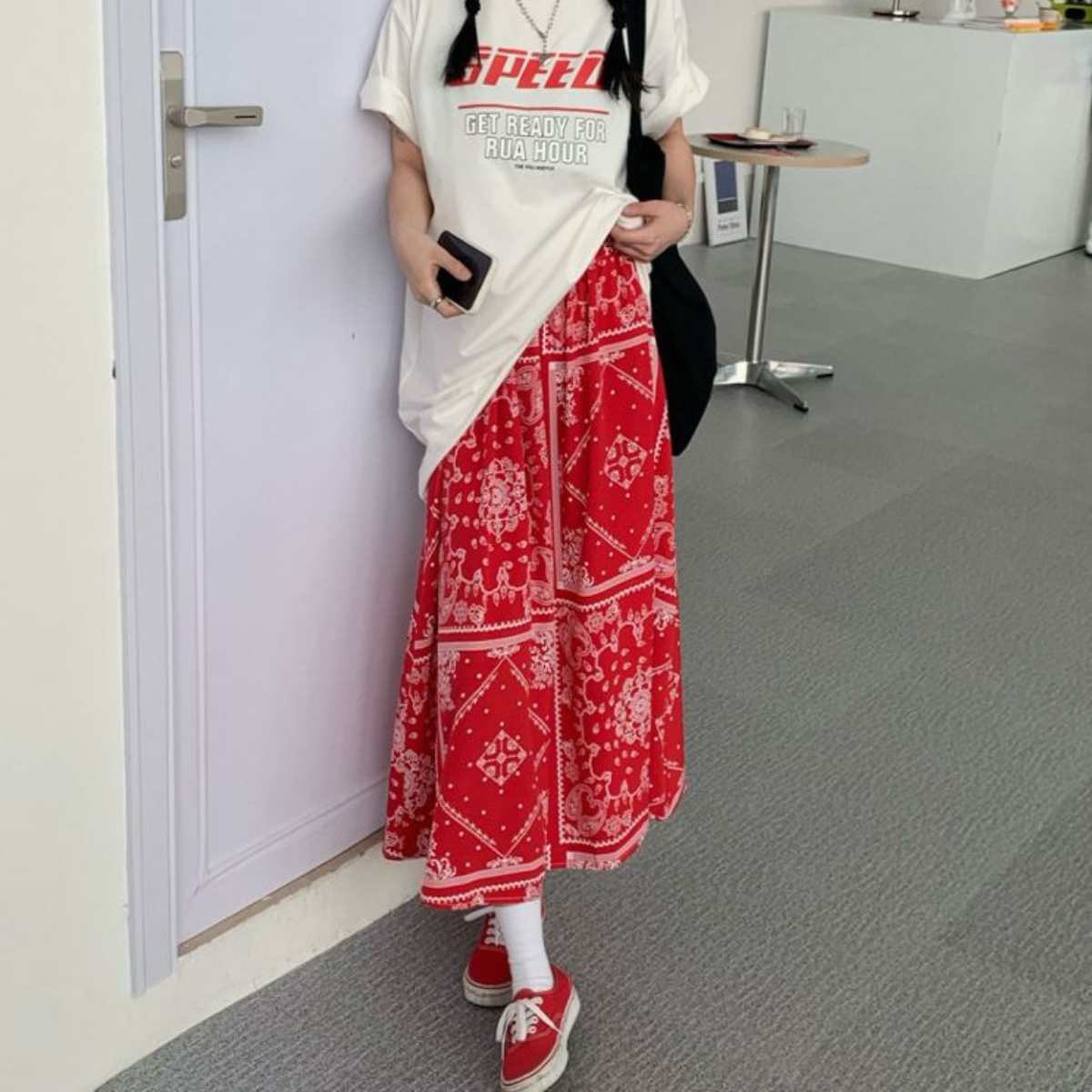 hydeist 制服赤チェック柄スカートくつ下帽子バンダナ マドラスチェック柄スカート | CUSTOM FEVER