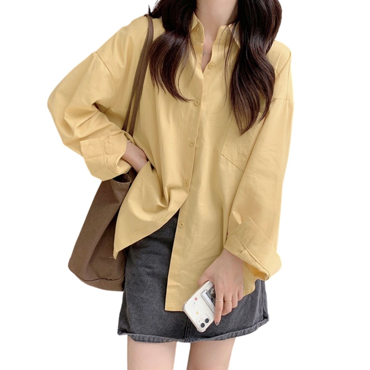 5色 長袖 カラーシャツ レディース 無地 シンプル カジュアル 韓国ファッション 白 ピンク 黄色...