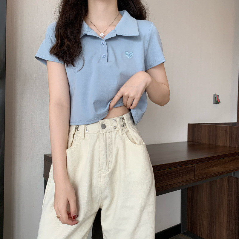 ショート丈 ポロシャツ レディース 短丈 トップス ポロ Tシャツ 半袖 カットソー 韓国ファッション おしゃれ かわいい シンプル ワンポイント | Belle Cie | 11
