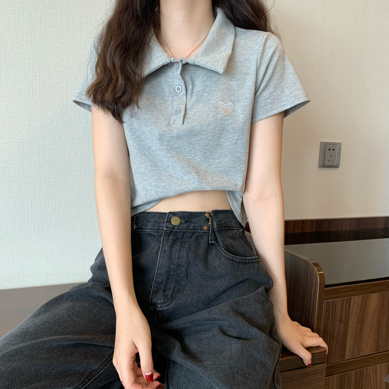 ショート丈 ポロシャツ レディース 短丈 トップス ポロ Tシャツ 半袖 カットソー 韓国ファッション おしゃれ かわいい シンプル ワンポイント | Belle Cie | 13