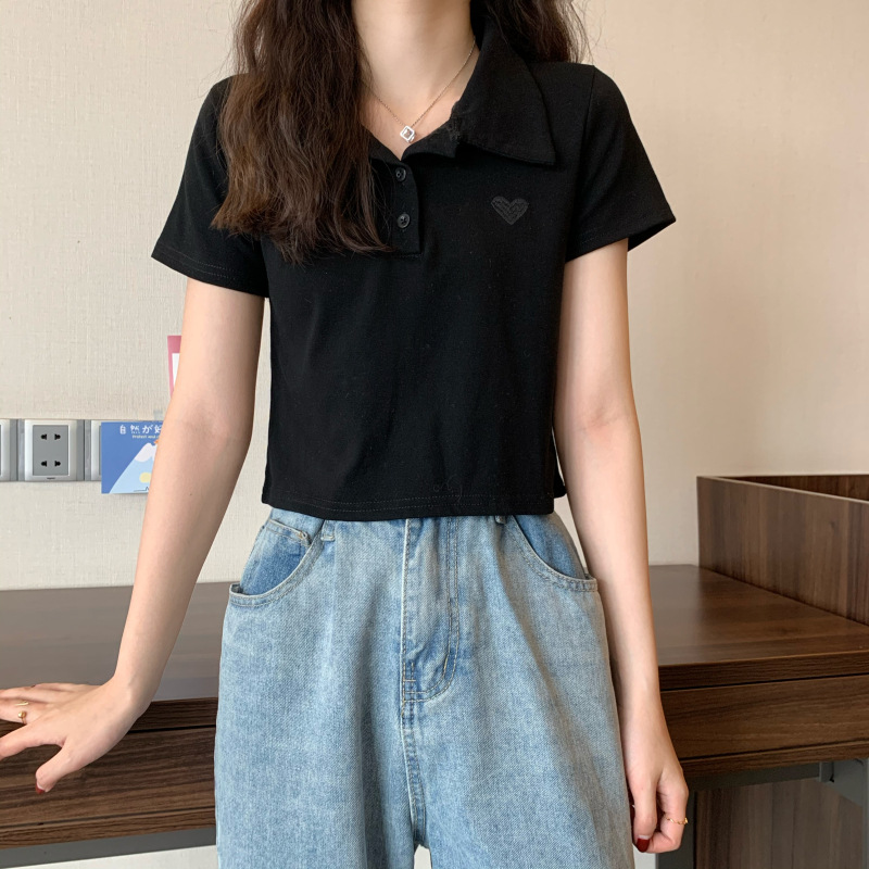 ショート丈 ポロシャツ レディース 短丈 トップス ポロ Tシャツ 半袖 カットソー 韓国ファッション おしゃれ かわいい シンプル ワンポイント | Belle Cie | 14