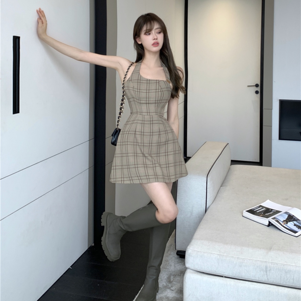 チェック柄 ワンピース レディース ミニ丈 エプロンワンピ ベアワンピ グレンチェック ミニワンピース セクシー カジュアル チェックワンピ Zutty 通販 Yahoo ショッピング