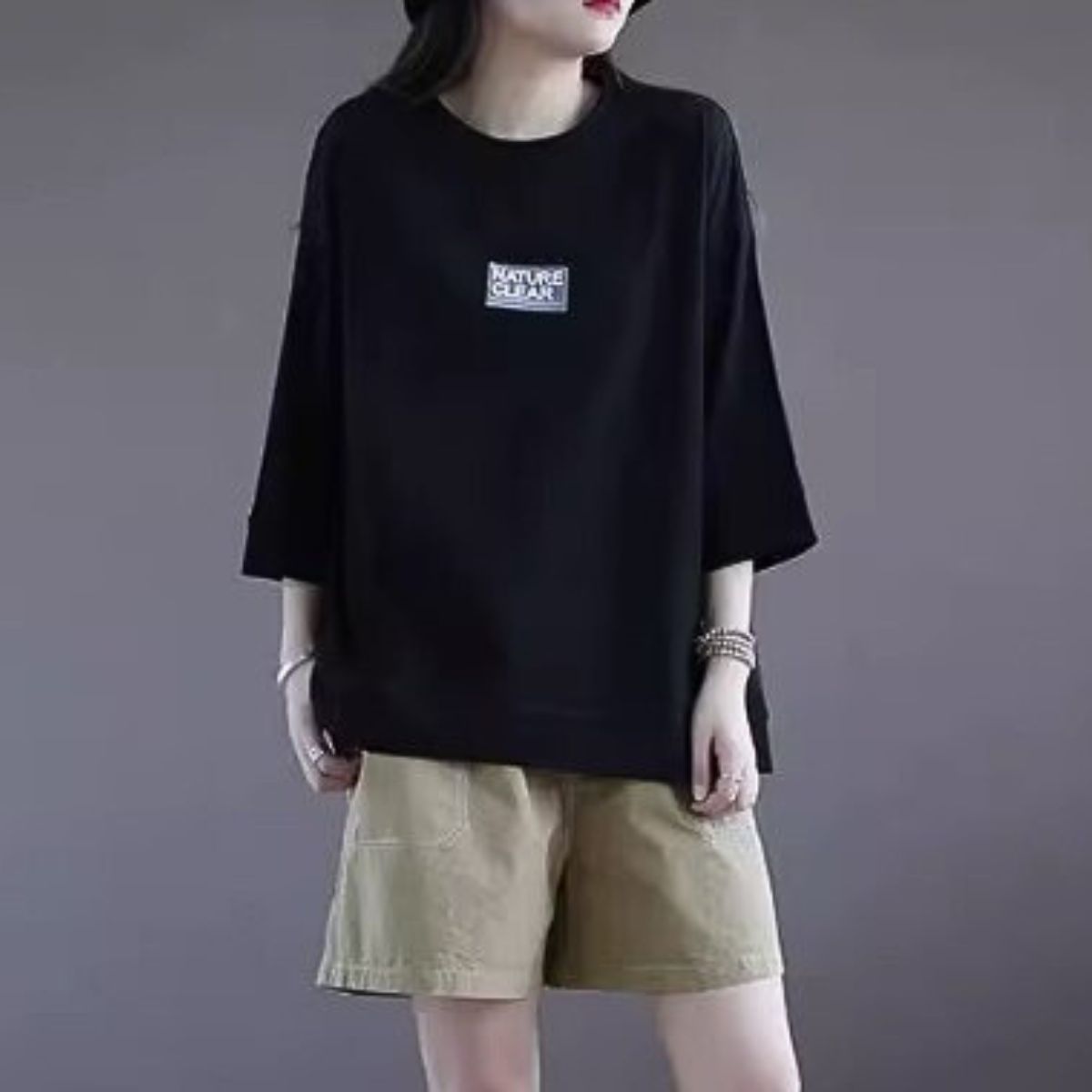 Tシャツ 韓国ファッション レディース 5分袖 7分袖 男女兼用 シンプル ゆったり ワンポイント ...