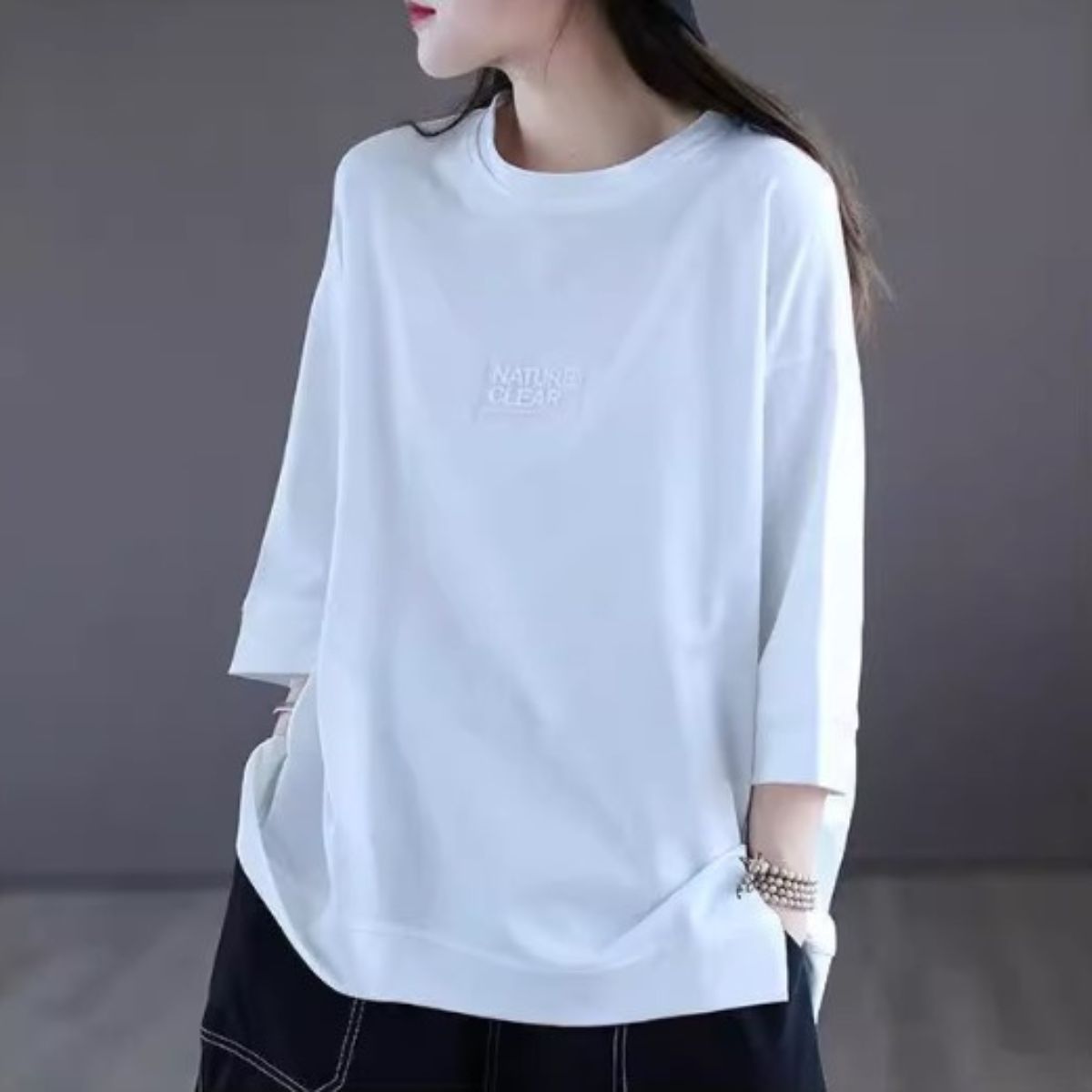 Tシャツ 韓国ファッション レディース 5分袖 7分袖 男女兼用 シンプル ゆったり ワンポイント ...