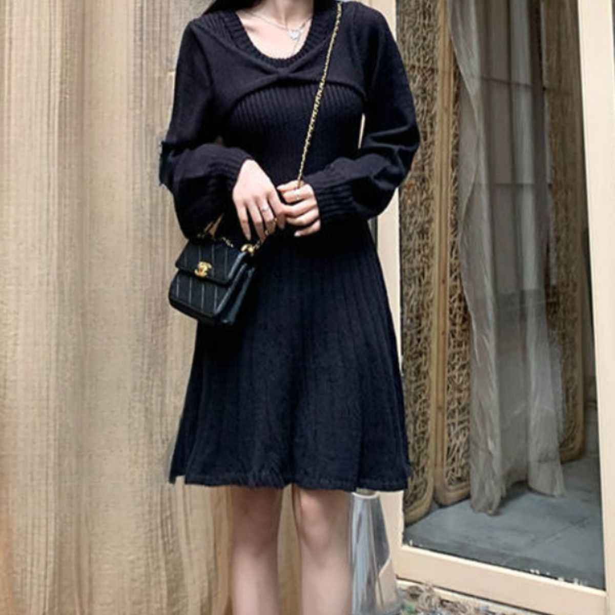 極美品 ルネ Rene バイカラー ニットワンピース 黒 38 ブラック 近年 SET]バイカラーニットワンピース+選べるネックレス(2set) – Lumier