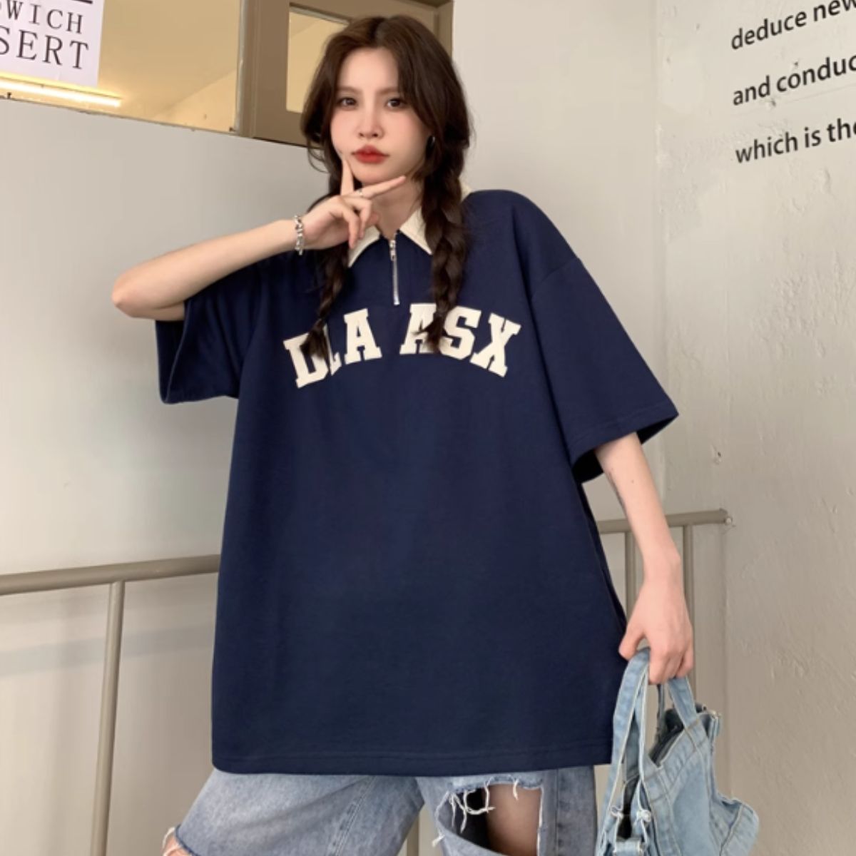 Tシャツ ハーフジップ 半袖 カットソー カレッジ ロゴ シンプル レディース ５分袖 韓国ファッション スポーティ カジュアル チュニック 春夏｜atmarvelous｜03