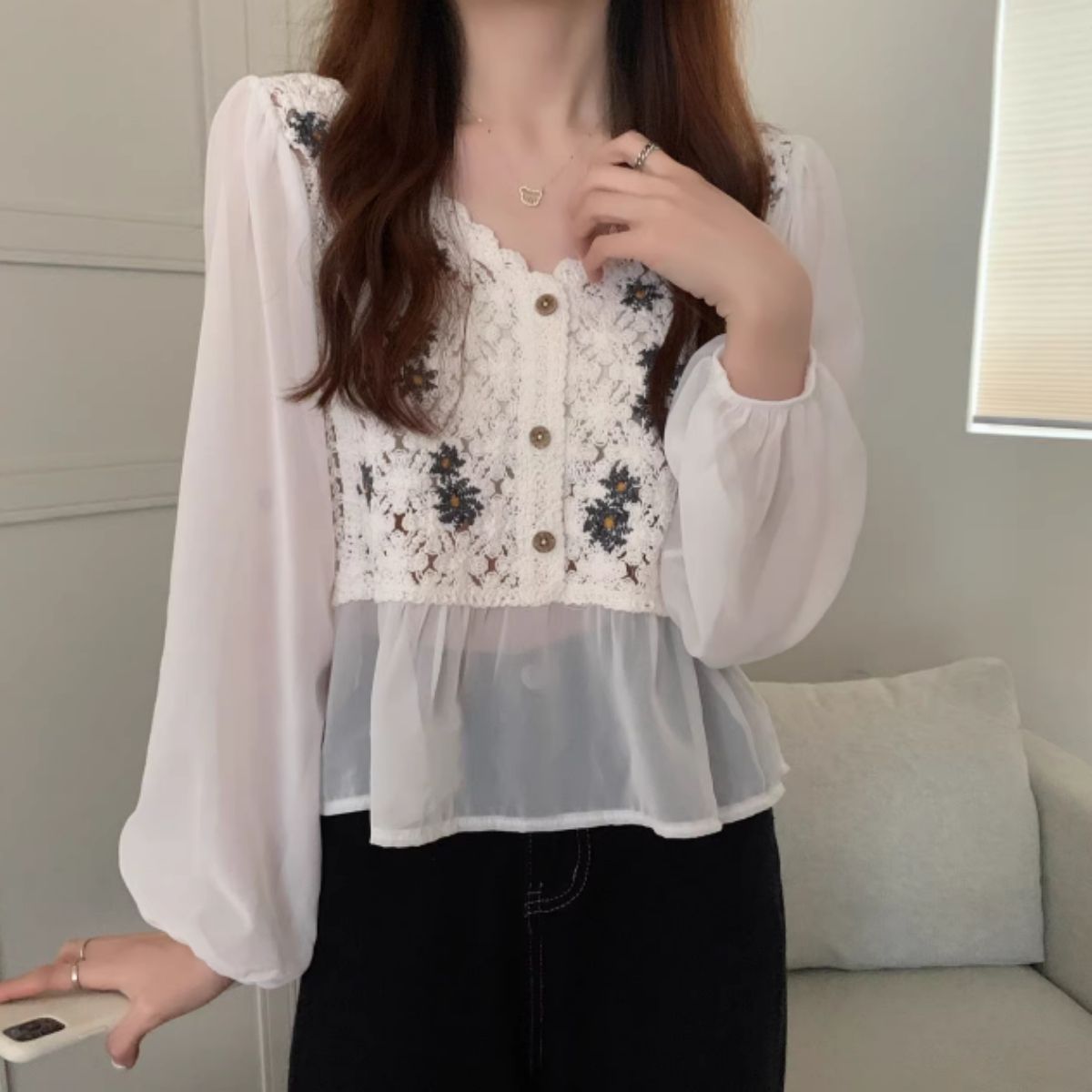 Belle Cie トップス 長袖 シアー かぎ針編み クロシェ ベスト