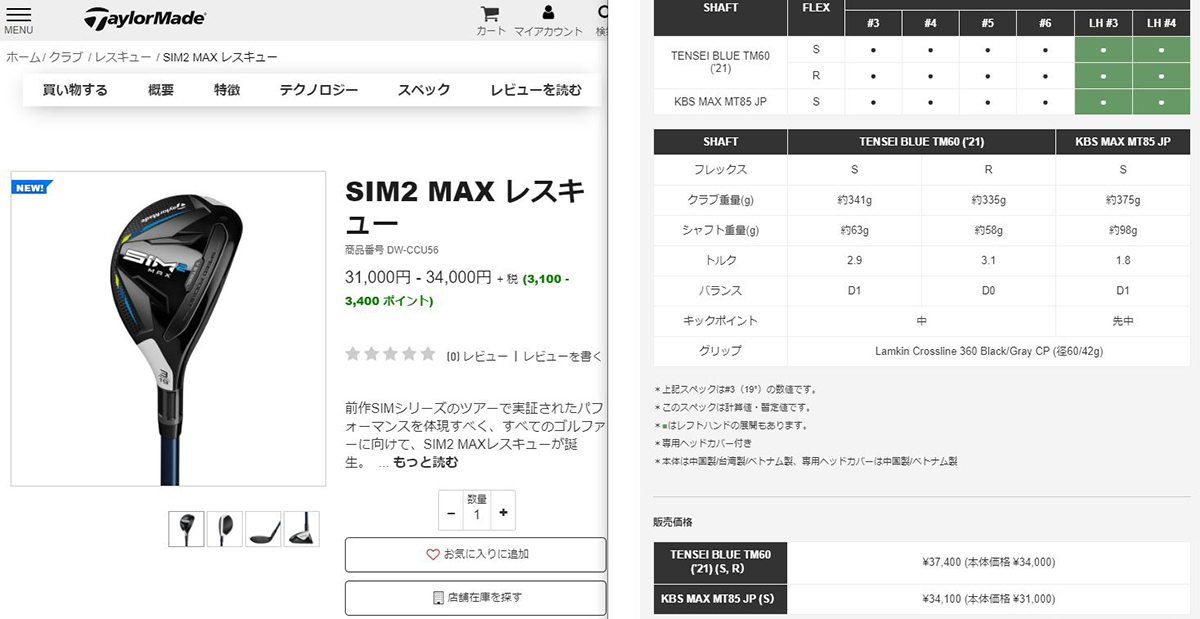 テーラーメイド ゴルフ SIM2 MAX レスキュー ユーティリティー KBS MAX ...
