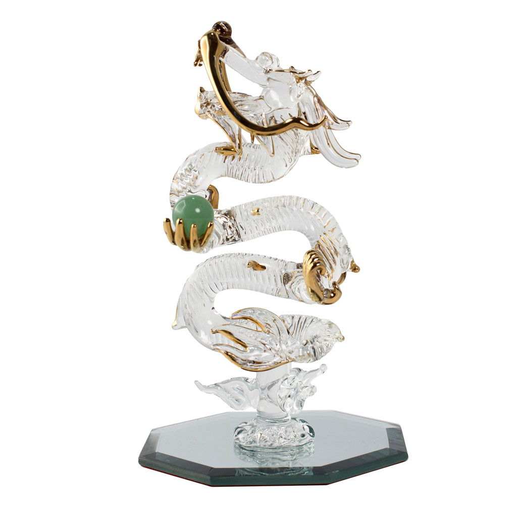 昇龍 ガラス細工 龍の置物 天然石 赤メノウ丸玉 ラピスラズリ 翡翠