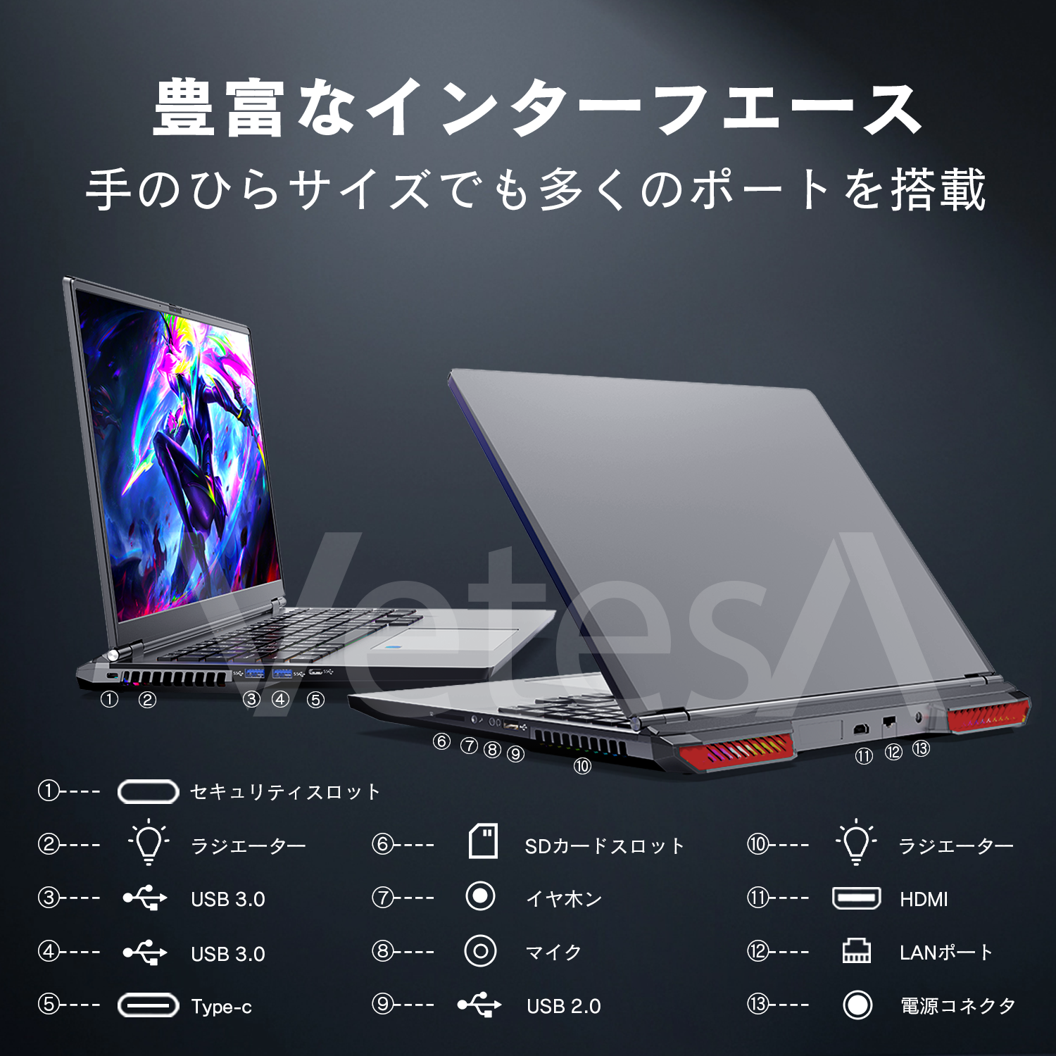 ノートパソコン 新品 ゲーミング パソコン RTX4060  最大メモリ 32GB SSD 1TB インテル Core i7 第13代 指紋認証 バックライトキーボード Office Win11 搭載 | VETESA | 08
