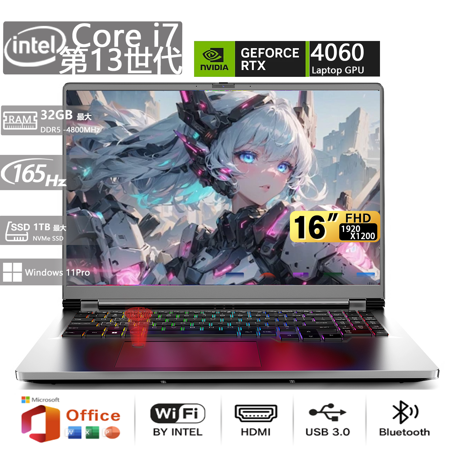 ノートパソコン 新品 ゲーミング パソコン RTX4060  最大メモリ 32GB SSD 1TB インテル Core i7 第13代 指紋認証 バックライトキーボード Office Win11 搭載 | VETESA