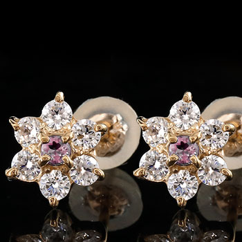 ダイヤモンド ピンクサファイア ピアス フラワー 花 スタッドピアス ピンクゴールドk18 レディース