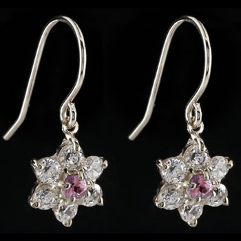 ダイヤモンド ピンクサファイア プラチナ ピアス フラワー 花 フックピアス レディース