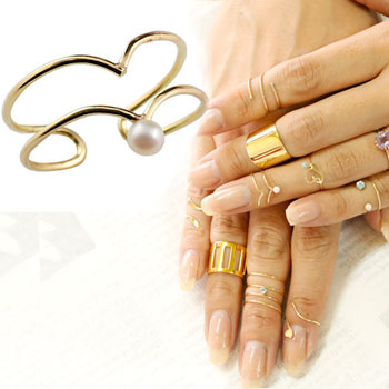 ファランジリング 2連 ベビーパール イエローゴールドk18 ミディリング 関節リング 指輪 地金リング ピンキーリング レディース