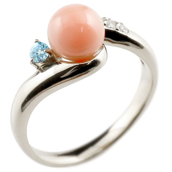 エンゲージリング 婚約指輪 珊瑚 コーラル サンゴ ブルートパーズ シルバー925 リング ダイヤモンド ダイヤ 指輪