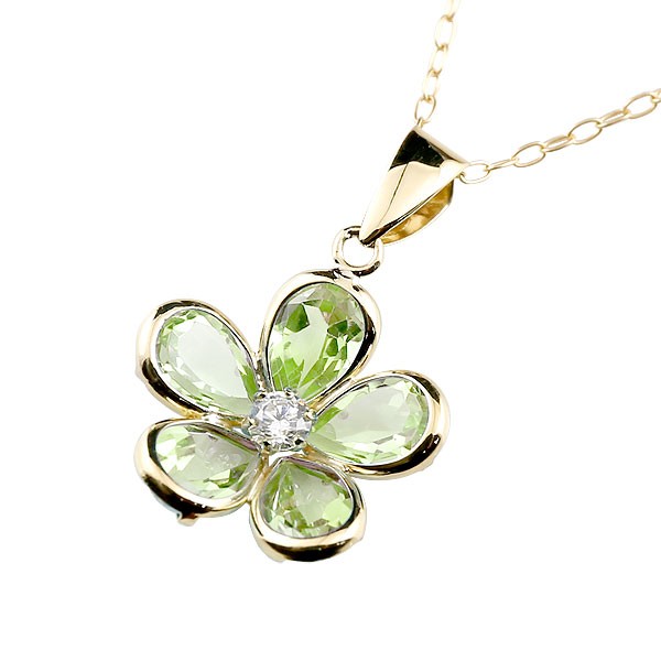ペリドット ネックレス ダイヤモンド イエローゴールドk18 ペンダント 花 チェーン 人気 8月誕生石 18金 レディース