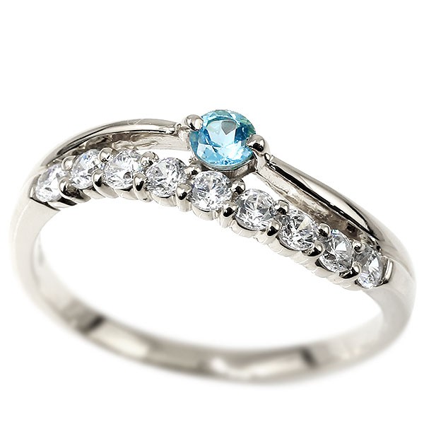 婚約指輪 安い リング ブルートパーズ ホワイトゴールドk10 キュービックジルコニア ウェーブ 指輪 10金 2連リング 11月誕生石 エンゲージリング 人気 - 0