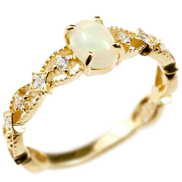 婚約指輪 リング イエローゴールドk18 オパール ダイヤモンド エンゲージリング 指輪 透かし ミル打ち ピンキーリング アンティーク 18金 宝石 レディース