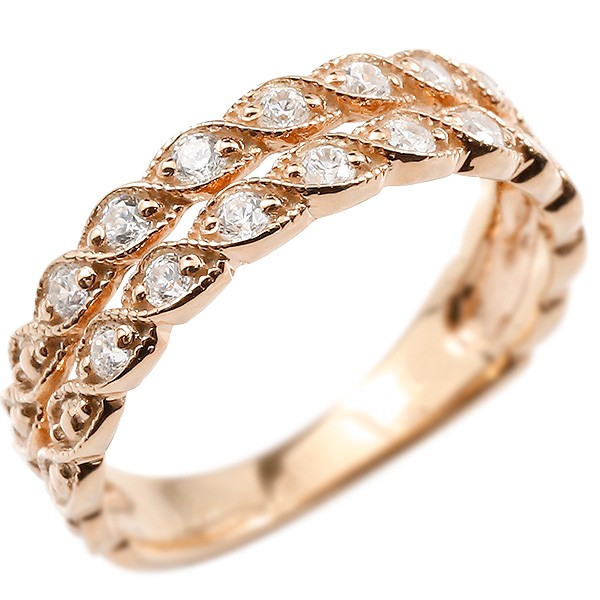 婚約指輪 リング ピンクゴールドk18 ダイヤモンド エンゲージリング 2連 指輪 ミル打ち ミルグレイン アンティーク ピンキーリング 宝石 レディース