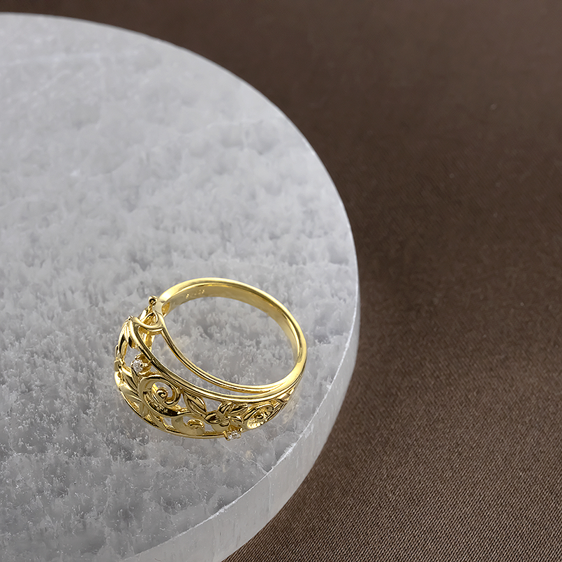 18金 リング レディース ダイヤモンド 太め ハワイアンジュエリー 指輪 透かし 18k イエローゴールドk18 婚約指輪 ピンキーリング 送料無料 セール saleの画像
