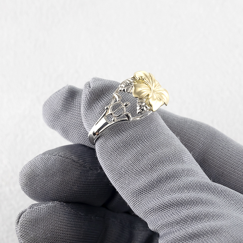 プラチナ 18金 リング ダイヤモンド ハワイアンジュエリー 太め 幅広 pt900 ゴールド 18k 透かし コンビ 指輪 婚約指輪 ピンキーリング 男女兼用 送料無料 saleの画像