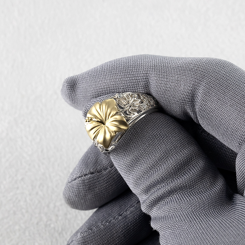プラチナ 18金 リング ダイヤモンド ハワイアンジュエリー 太め 幅広 pt900 ゴールド 18k 透かし コンビ 指輪 婚約指輪 ピンキーリング 男女兼用 送料無料 saleの画像